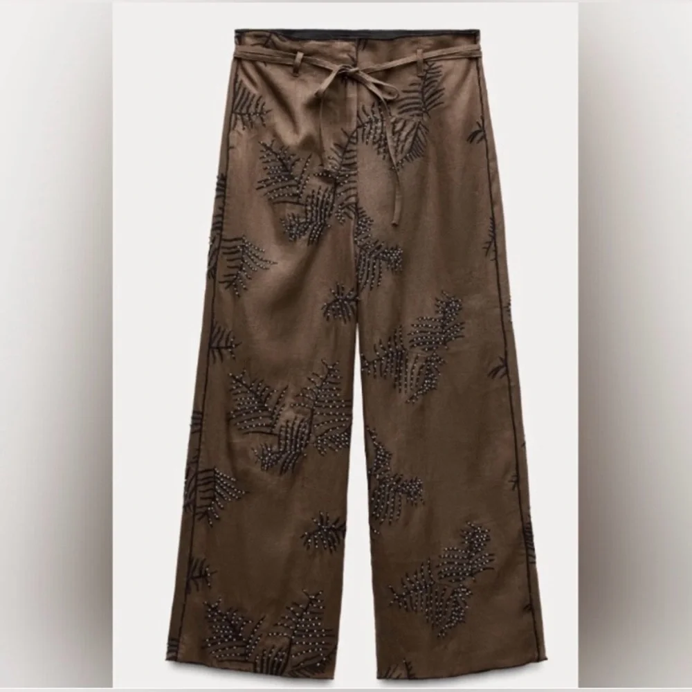 NWOT Zara ZW Collection embroidered hemp wide leg chocolate brown pants